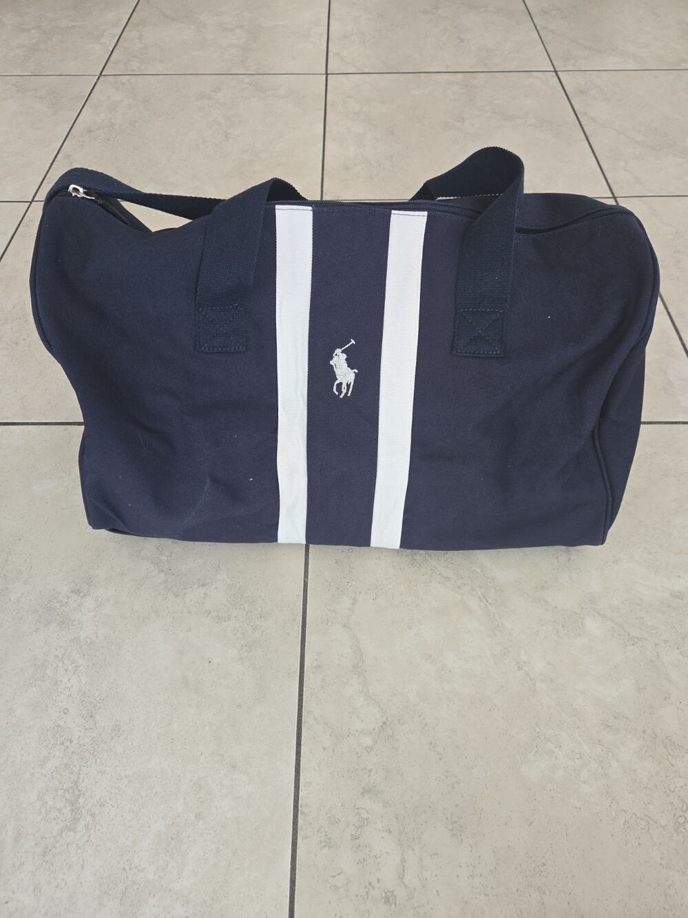 Polo Ralph Lauren 20" Canvas Duffle Bag Navy/White Striped Zip Shoulder Strap